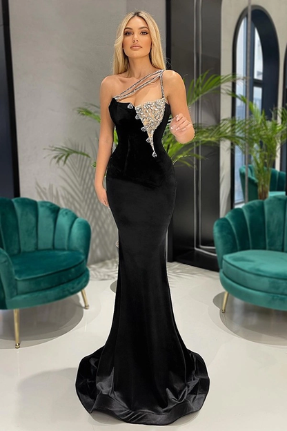 Black Mermaid Prom Dress Long With Crytsal One Shoulder nv734