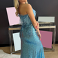 Light Blue Sparkly Sequins Off the Shoulder Long Prom Dress with Feathers nv697