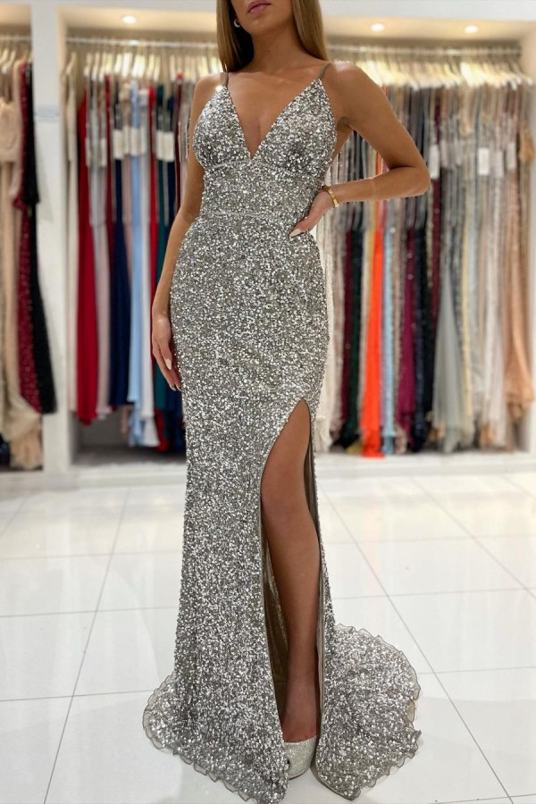 Sliver Sequin Prom Dresses Long V neck Sleeveless Evening Dresses nv746