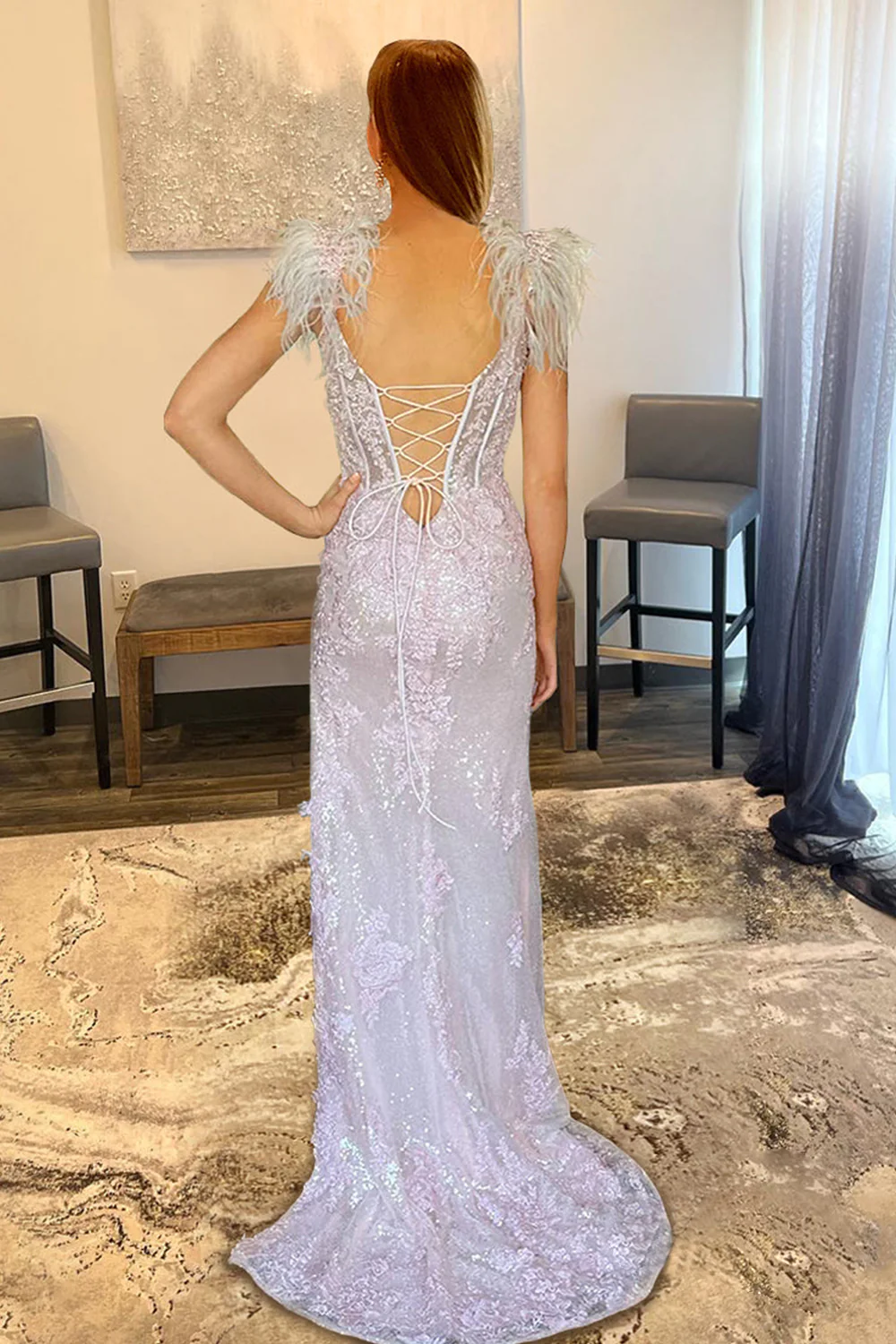 Lavender Appliques Mermaid Prom Dress with Feathers nv649