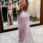 Sheath Deep V Neck Light Pink Sequins Long Prom Dress with Feathersnv647