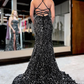 Sequins Lace-up Back Black Mermaid Prom Dress with Slit nv651