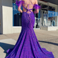 Mermaid Off the Shoulder Purple Sequins Cut Out Prom Dress with Feathers nv677