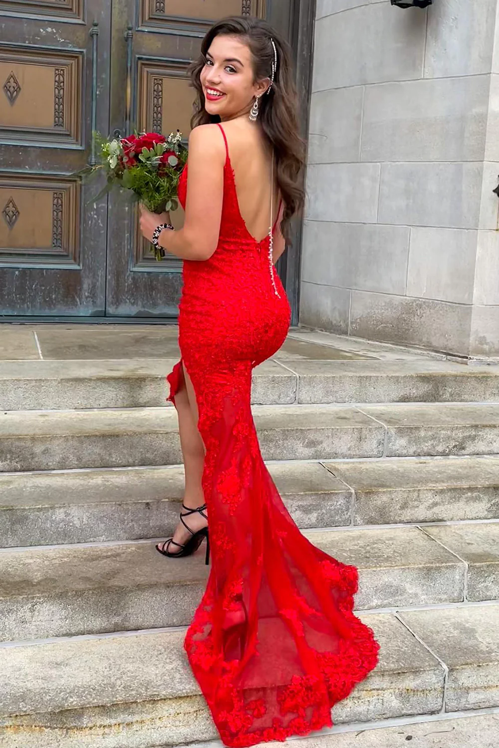 Spaghetti Straps Red Long Prom Dress with Appliques nv696