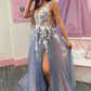 Elegant V Neck Smoke Gray Tulle Long Prom Dresses with Lace Flowers  nv711