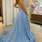 A Line Square Neck Light Blue Sequins Long Prom Dress nv679