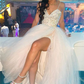 Spaghetti Straps White Prom Dresses | Tulle Overskirt Sexy Crystals Formal Evening Gowns nv849
