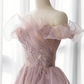 Pink Tulle Long A-line Prom Dress, Lovely Off the Shoulder Evening Dress nv600