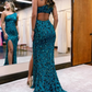 Sparkly Peacock Blue Sequins Mermaid One Shoulder Long Prom Dress with Slit nv666