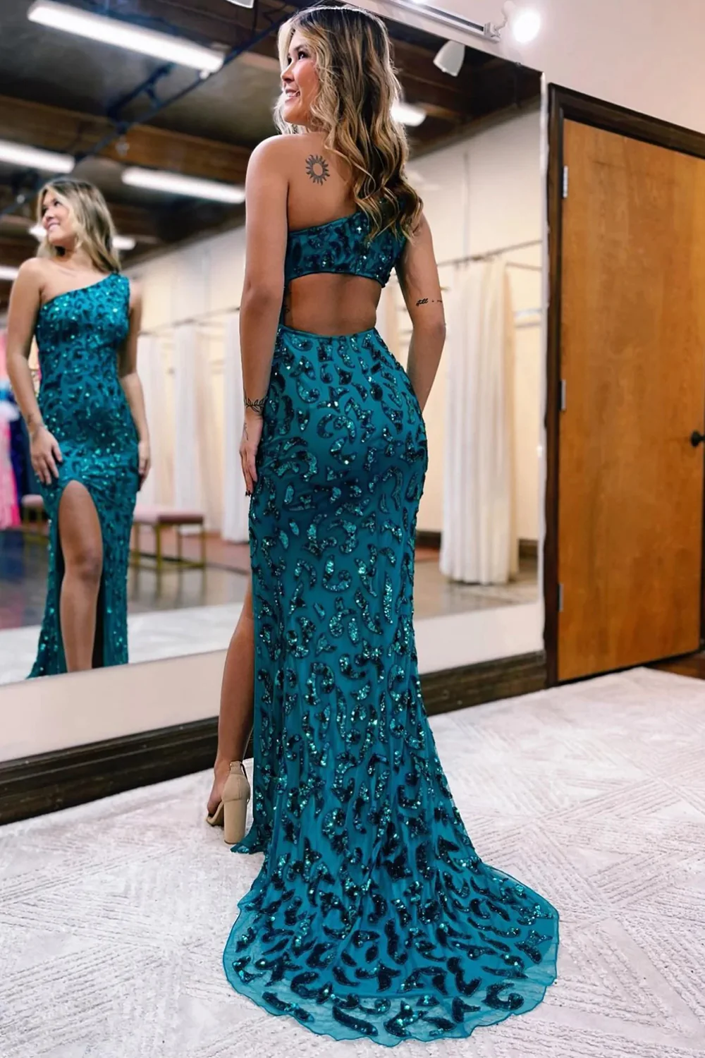 Sparkly Peacock Blue Sequins Mermaid One Shoulder Long Prom Dress with Slit nv666