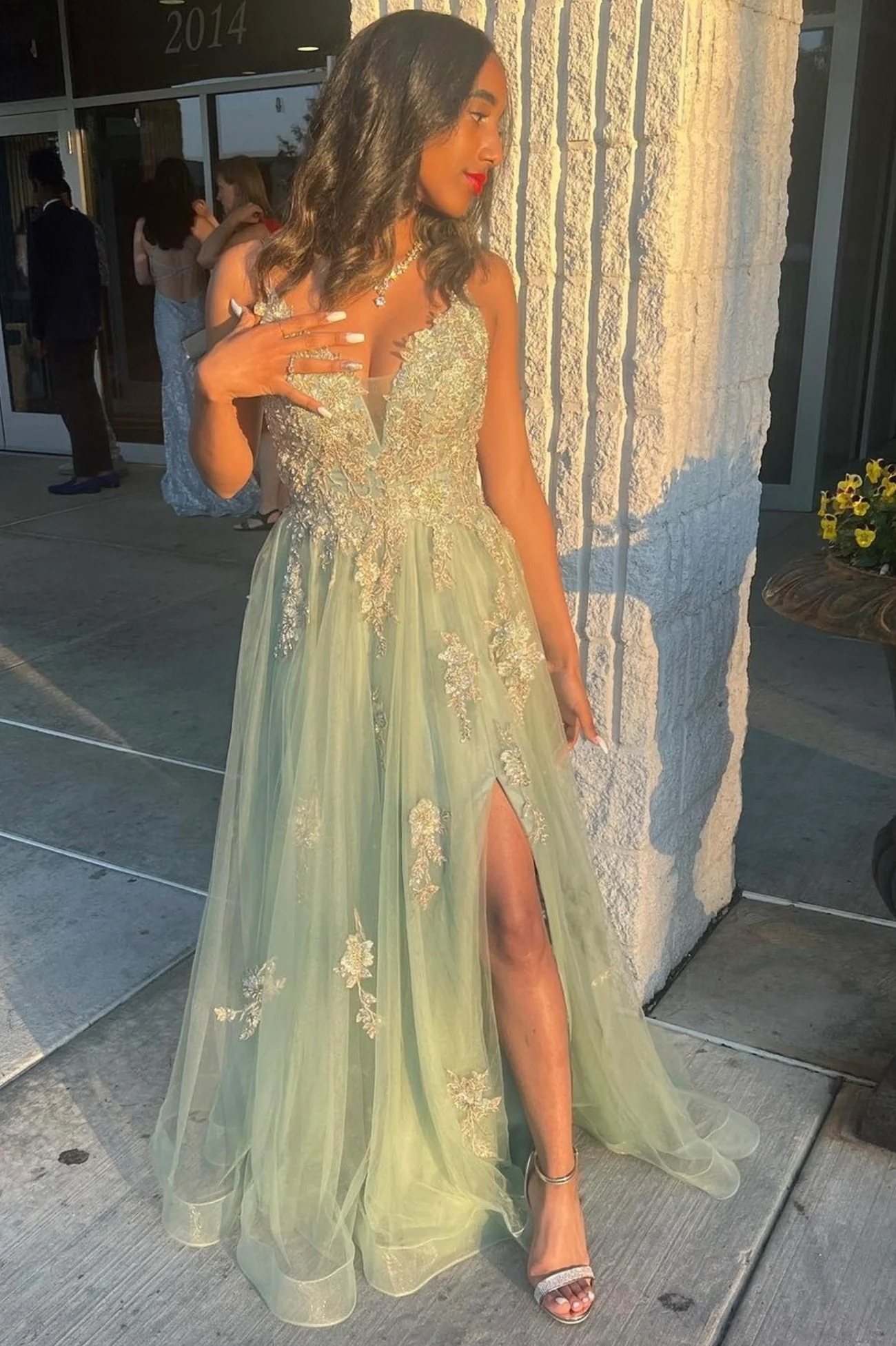 Green V-neck Lace Long Prom Dress, A-Line Evening Dress with Slit nv713