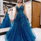 Cute A Line V Neck Vivid Blue Tulle Long Prom Dresses with Appliques nv705