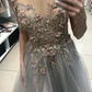 Gray v neck tulle lace long prom dress, gray evening dress nv860