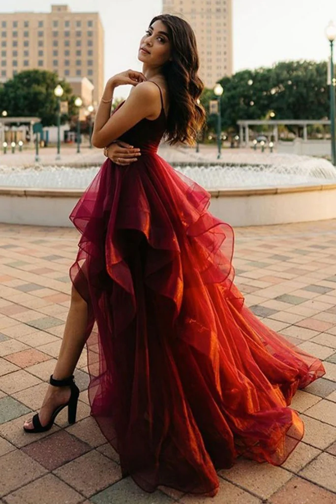High Low Burgundy Tulle Long Prom Dress, Wine Red High Low Formal Evening Dress nv583