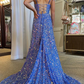 A Line Spaghetti Straps Blue Sequins Long Prom Dress with Feathers nv676