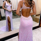 V-Neck Hollow-Out Backless Sequins Mermaid Prom Dress with Slit nv629