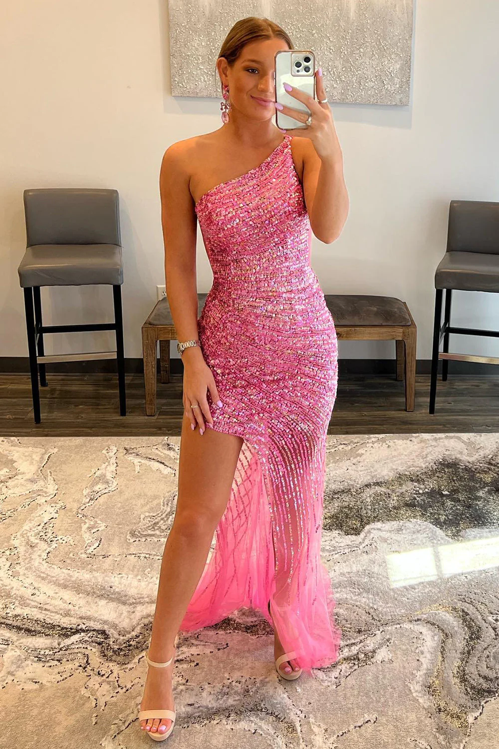 Sparkly Fuchsia One Shoulder Sequins Long Prom Dress with Slit nv753