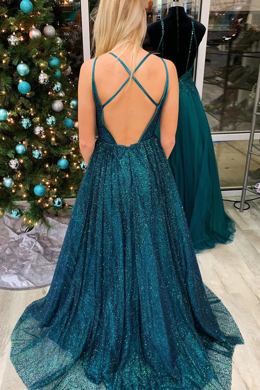 Glitter A-Line Teal Long Prom Dress with Spaghetti Straps nv704