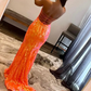 Sparkly Orange Sequin Sweetheart Lace-Up Back Long Prom Dress nv659