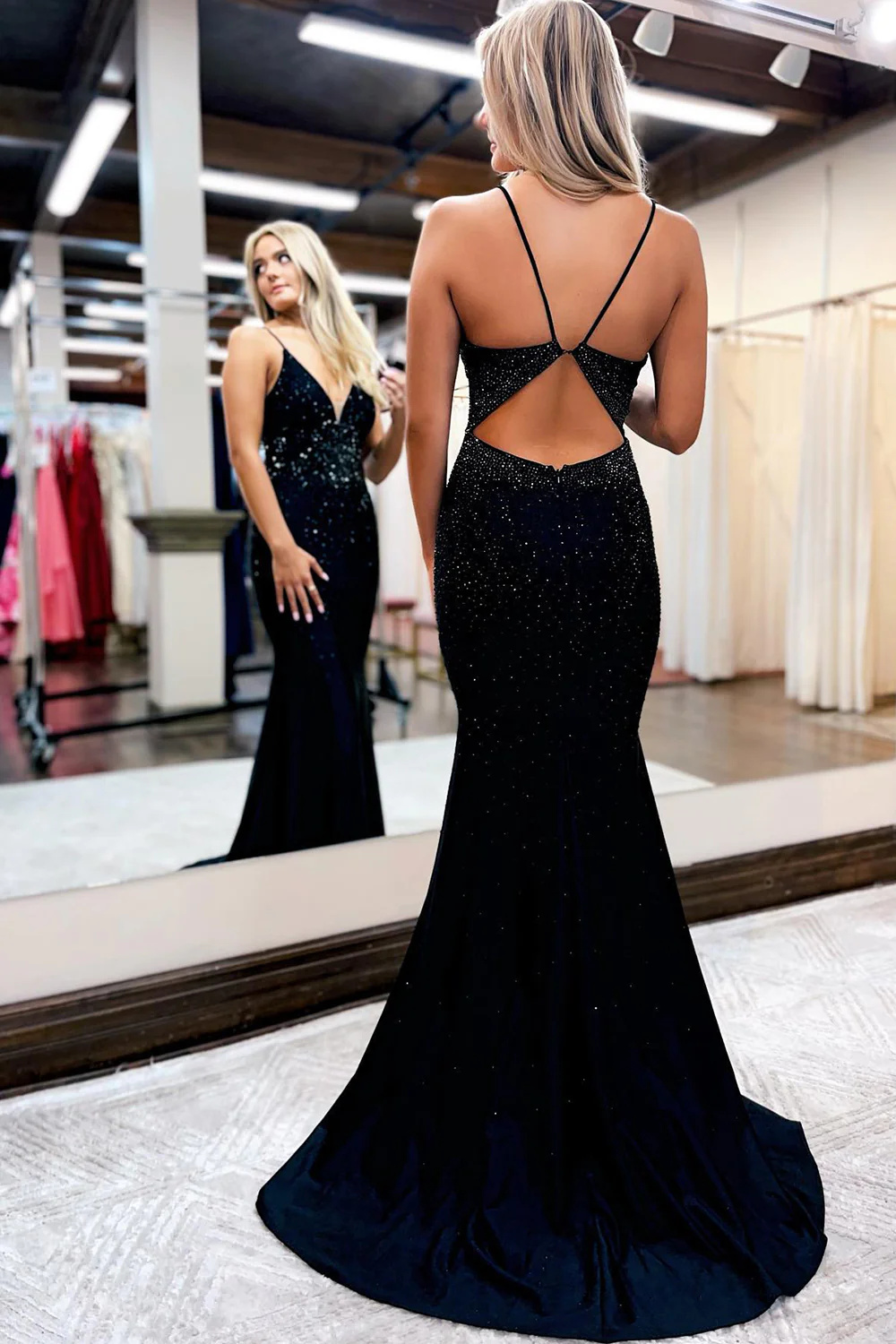 Sparkly Black Sequins Open Back Long Prom Dress nv653