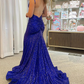 Mermaid Spaghetti Straps Royal Blue Sequins Long Prom Dress with Split Front nv678