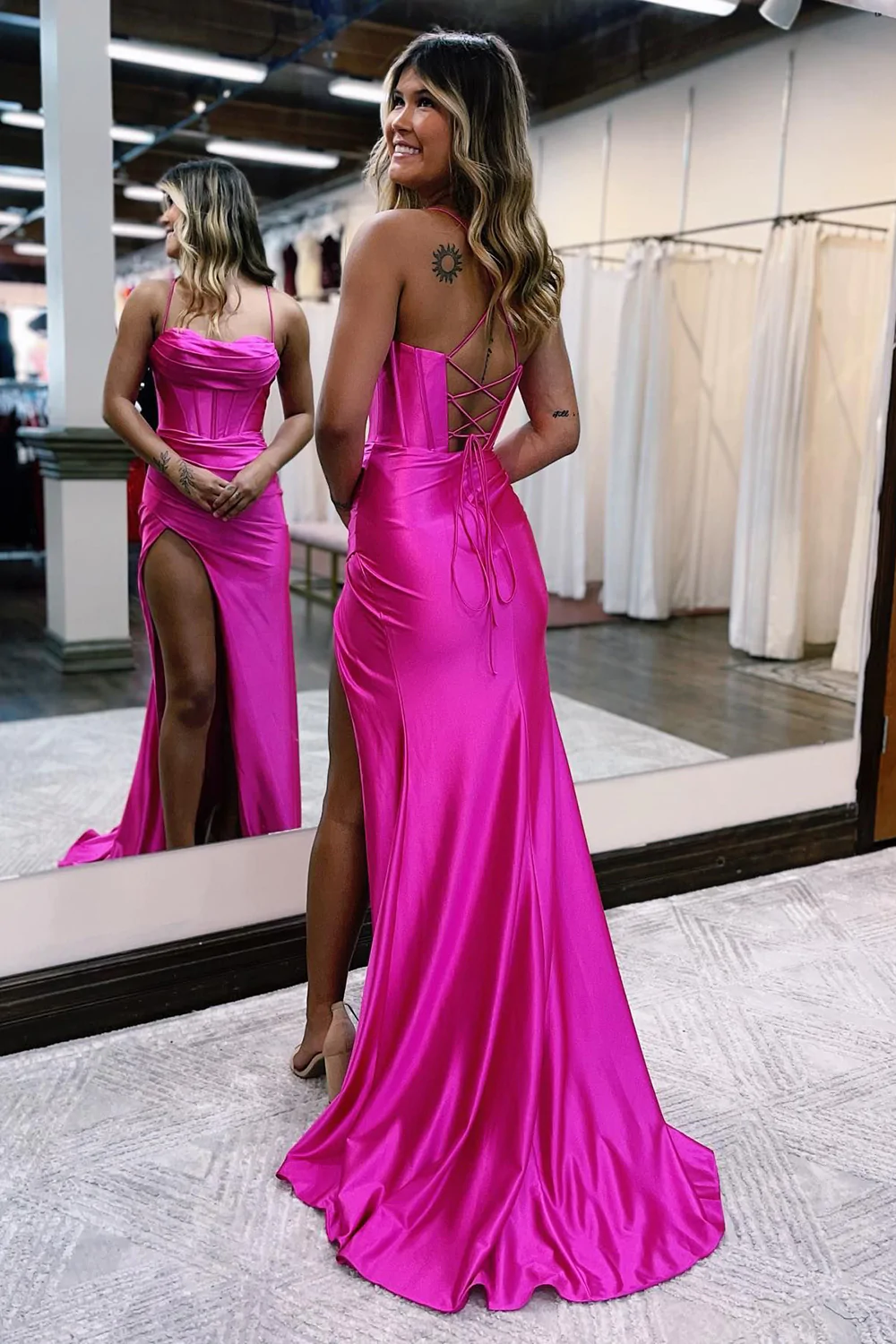 Hot Pink Spaghetti Straps Satin Mermaid Prom Dress with Slit  nv634