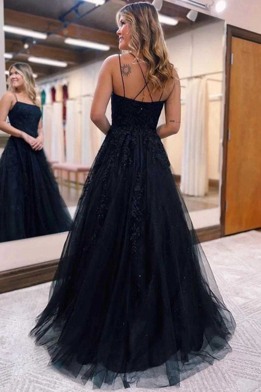 Black A-Line Tulle Long Prom Dress with Lace nv658