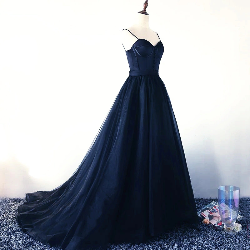Charming Navy Blue Tulle and Satin Straps Long Party Dress, Navy Blue Prom Dress nv609