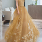 Champagne Tulle Lace Long Prom Dress, Tulle Lace Evening Dress nv859