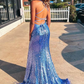 Blue Sequin Feather Lace-Up Back Mermaid Long Prom Dress with Slit nv578