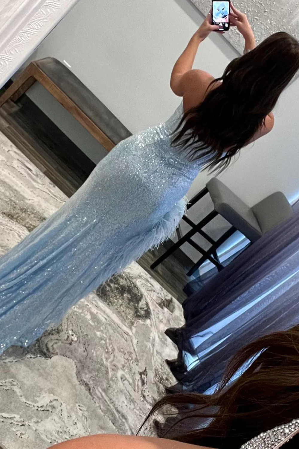 Sheath Sweetheart Light Blue Sequins Long Prom Dress with Feather nv639