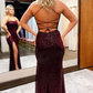Sequins Spaghetti Straps Sheath Burgundy Prom Dress with Slit nv650