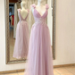 Aline V Neck Pink Long Prom Dresses, Pink Lace Long Formal Graduation Dresses nv834