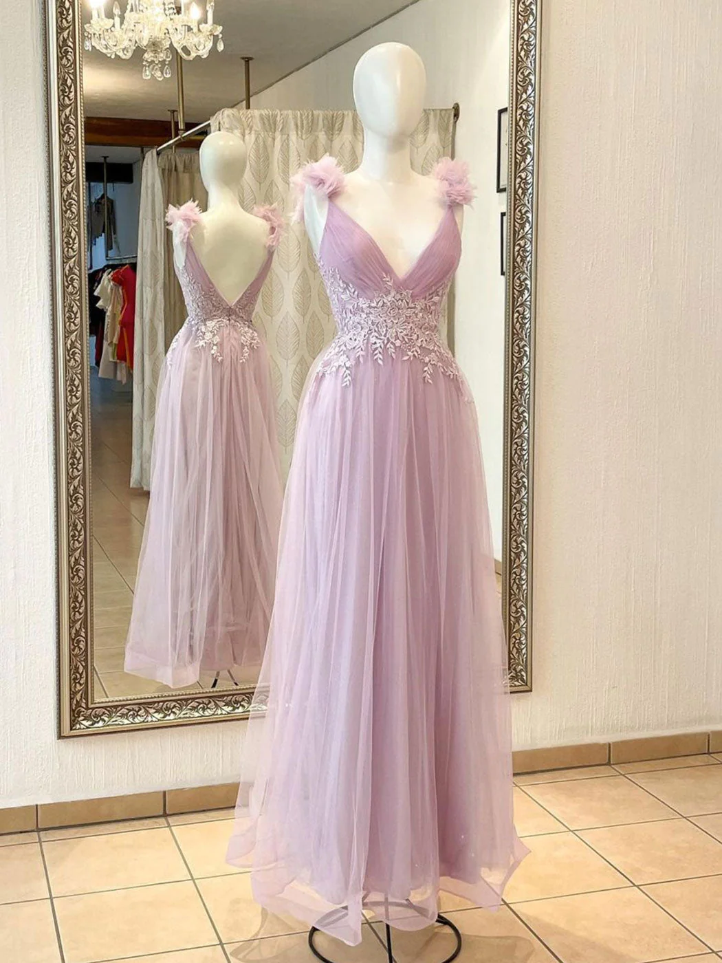 Aline V Neck Pink Long Prom Dresses, Pink Lace Long Formal Graduation Dresses nv834