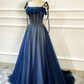 Blue Long Tulle Beaded Prom Dress, Blue Evening Party Dress nv606