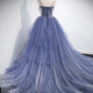 V Neck Tulle Sequin Long Prom Dress, Blue Tulle Formal Dress nv865