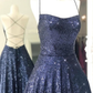 Sparkly Backless Navy Blue Long Prom Dresses, Open Back Long Navy Blue Formal Evening Dresses nv620