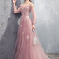 Pink A-line Tulle Lace Long Prom Dress Pink Lace Evening Dress nv861