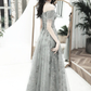 Grey Off Shoulder A-Line Tulle With Lace Long Party Dress, Grey Evening Dresses Prom Dress nv593