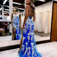 2023 Junior Mermaid V Neck Blue Lace Long Prom Dresses with Slit nv717