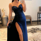 A Line Sweethaert Navy Blue Long Prom Dress with Split Front nv648