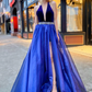V Neck Backless Blue Prom Dresses, Open Back Blue V Neck Formal Evening Dresses nv707