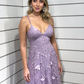 Chic Spaghetti Straps Lace Applique Lilac Long Prom Dress Evening Dress nv835