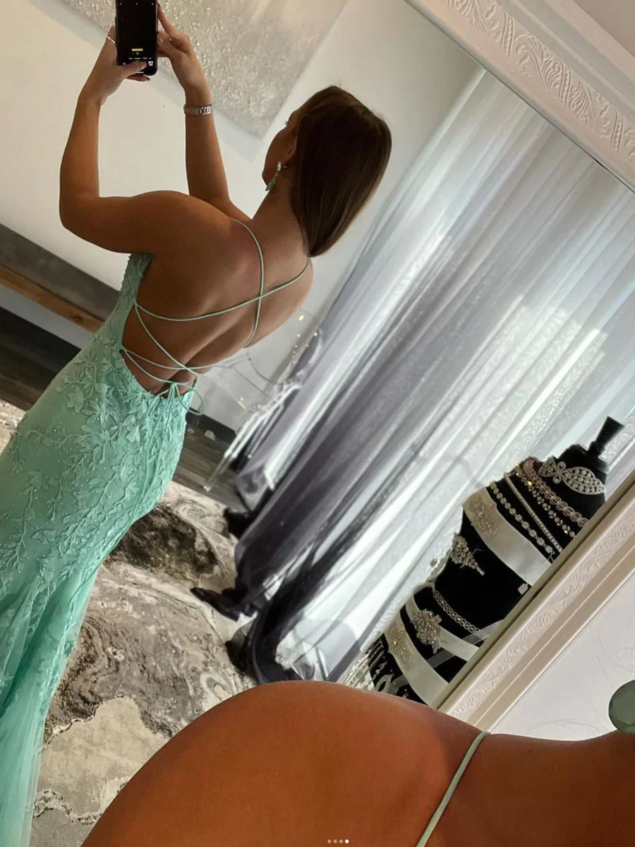 Green Lace Mermaid Long Prom Dress,Backless Formal Dress nv750