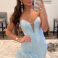 Sheath Sweetheart Light Blue Sequins Long Prom Dress with Feather nv639