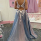 Elegant V Neck Smoke Gray Tulle Long Prom Dresses with Lace Flowers  nv711