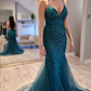 Hunter Green Floral Lace Lace-Up Back Mermaid Long Prom Gown nv856