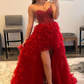 Red Beaded A-Line Tiered High Low Prom Homecoming Dress nv644