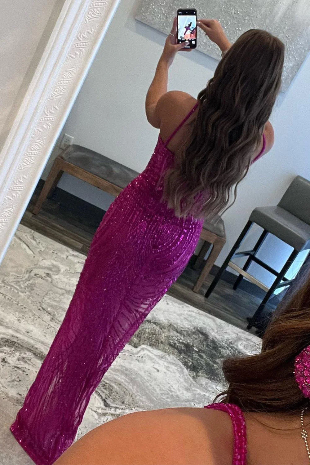 Sparkly Hot Pink Sheath Sequins Long Prom Dress with Slit nv722