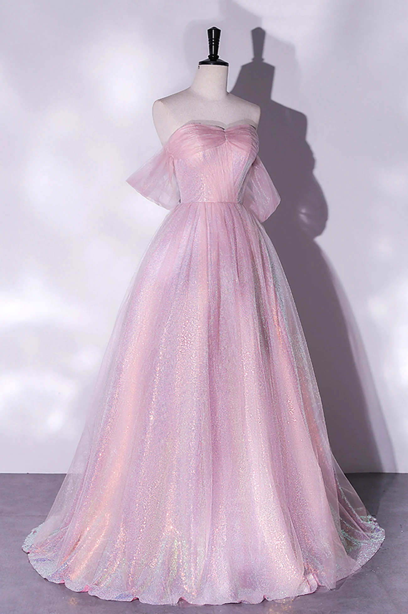 Pink Tulle Sequins Long Prom Dress, A-Line Formal Graduation Dress nv599